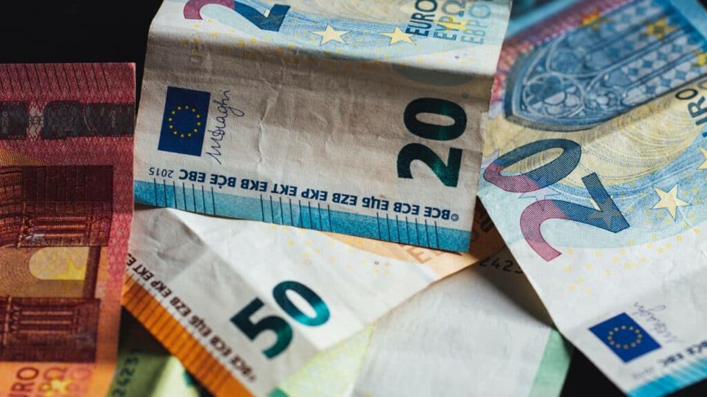 A photo of colourful Euro bills from up close